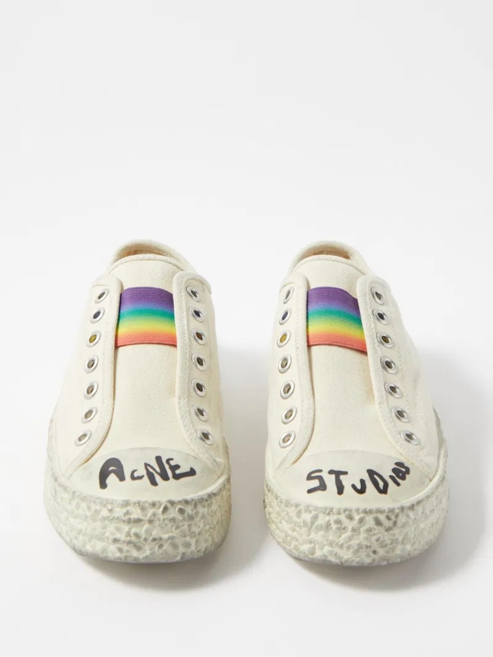 Acne Off-White Canvas Slip-On Sneakers with Rainbow Elastic Detail